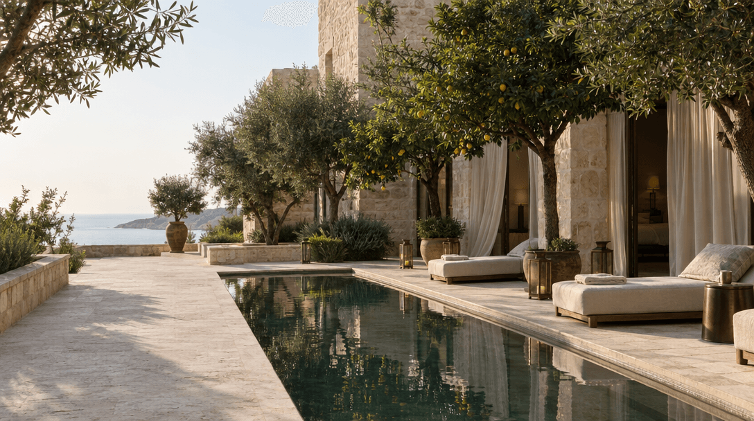 Morning light on a limestone hotel courtyard with olive trees and a still reflecting pool.